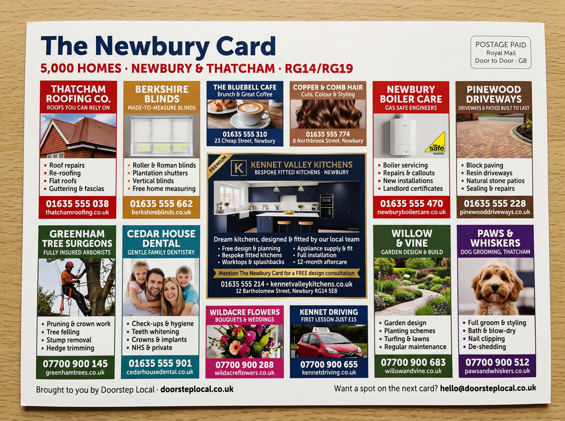 The Newbury Card — an example finished Doorstep Local shared postcard filled with 13 exclusive local business adverts